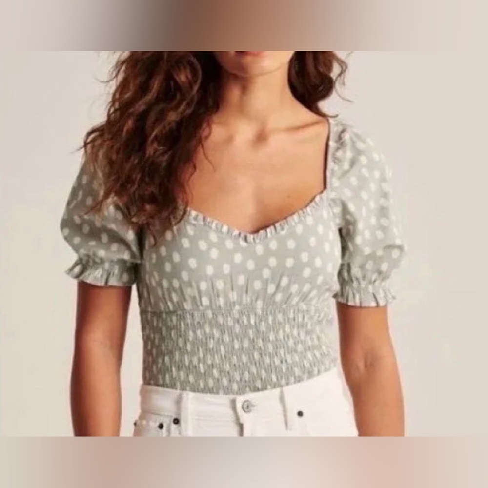 Abercrombie & Fitch Light Sage Green Polka Dot Puff Sleeve Smocked Top Shirt XXL